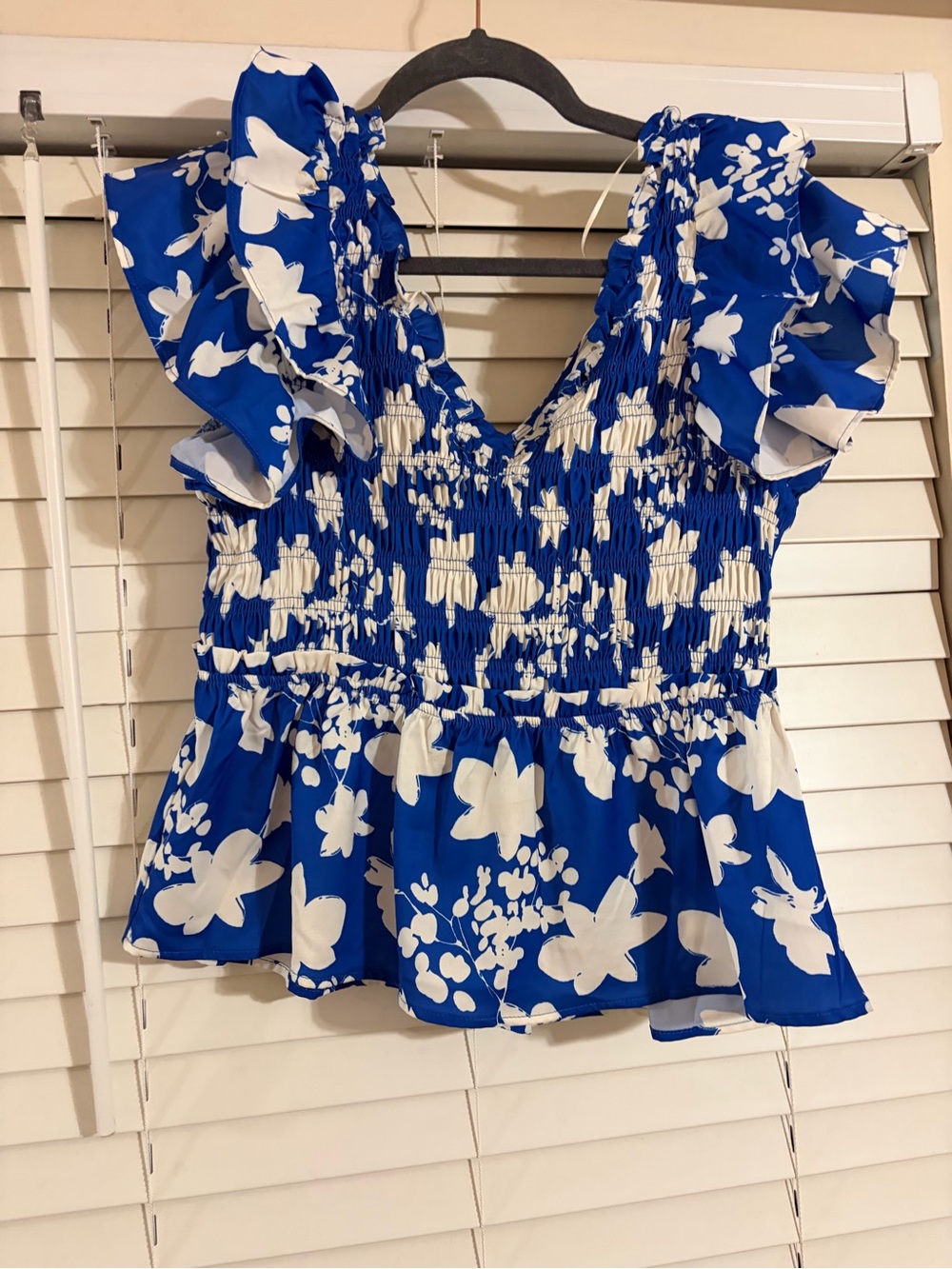 Umgee Royal Blue and White Floral Smocked Peplum Blouse